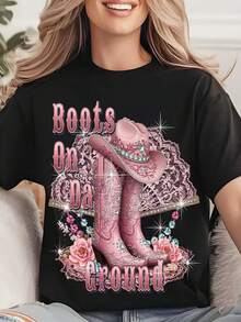 Men's & Women's Western Cowboy Boots & Cowboy Hat Graphic T-Shirt - Pink Cowboy Boots With Rhinestone & Cowboy Hat Design, Short Sleeve Round Neck Casual Comfortable Spring/Summer Shirt For Halloween, Thanksgiving, Western Theme Parties - Machine Washable Cowboy Boots On The Ground Slogan, Fun Western Style Apparel - 黑色 - 查看 2