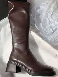 女士冬季过膝长靴，黑色长靴，棕色长靴，方头粗跟侧拉链高筒靴，优雅女士长靴，通勤高品质高筒靴 - 棕色 - 查看 3