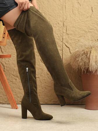 Botas altas de tacón grueso para mujer de talla grande, con cremallera lateral y elástico alto, estilo europeo de moda, para otoño/invierno