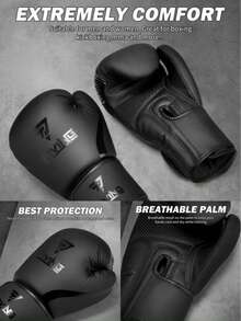 FIVING 1 Pair Black PU Boxing Gloves For Adult Men & Women, Kickboxing, Muay Thai, Punching Bag Training, Dark Style Protective Gear, Powerful And Protective For Every Punch, Training And Sparring - A Pair Of Black - View 3