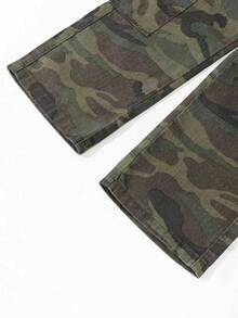 Girls' Y2K Casual Multi-Pocket Drawstring Waist Camouflage Washed Denim Cargo Pants, Suitable For School, Campus, University - Green - View 3