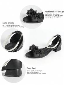 SOLE STORY Women's Plus Size Wide Fit 3cm Square Heel Sandals With Floral Decor, Ankle Strap, Open Toe, Silver Metal Buckle, Versatile For Spring & Summer - Black - View 10