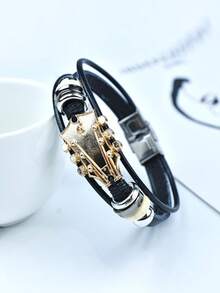 1pc Vintage Faux Leather Guitar Bracelet, Alloy Rock Music Guitar Bracelet For Men, Punk Style - Star - View 9