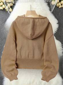Women's Solid Color Drop Shoulder Long Sleeve Single-Breasted Hooded Knit Cardigan - Khaki - View 3