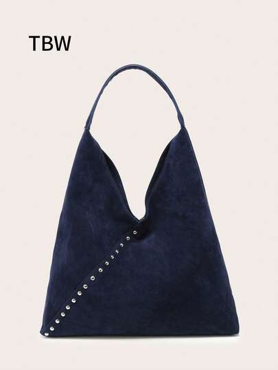 1pc Women's Tote Bag & Handbag, Navy Blue Suede, Rivet Embellished, Vintage Versatile Commuter Style, Suitable For Autumn/Winter Outings