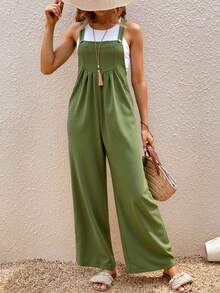 Overol De Mujer De Tela Curve Oversize Trabajo  Pantalones de peto anchos y plisados de unicolor para mujer de talla grande, otoño/invierno - Verde - Ver 3