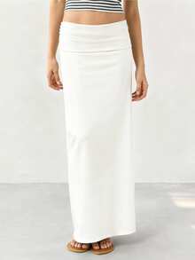Women's Fold-Over High Waist Maxi Skirt - Casual Daily Versatile Midi Bottoms - 白色 - 查看 2