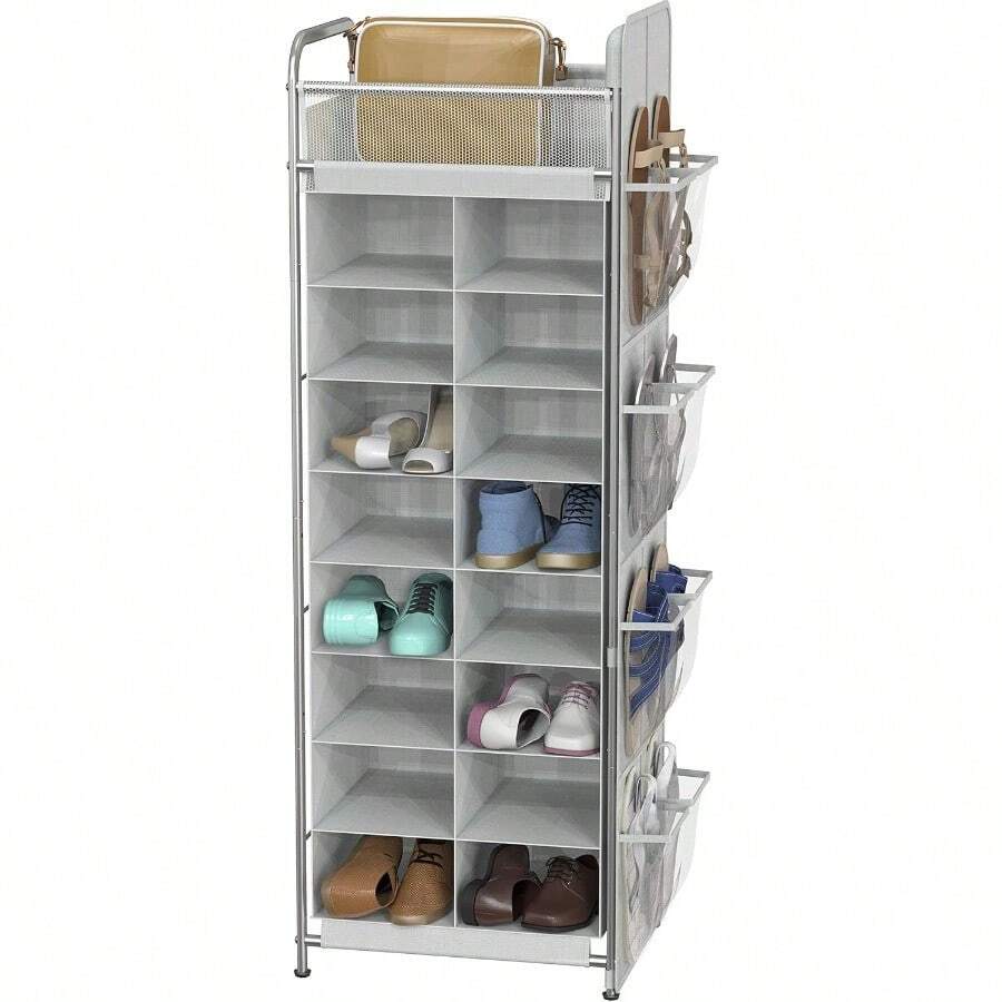 Simple Houseware 8 Tier Shoe Rack 16 Cube With Top Shelf And Side Hanging Bag Grey - Grey - View 1