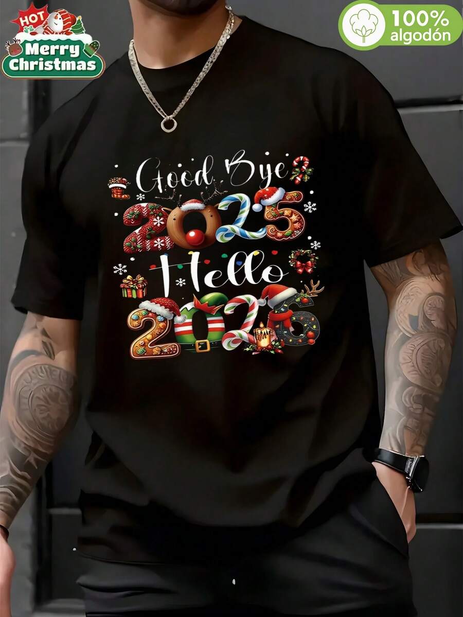 Camiseta 100% Algodón 220g, Versátil para Cambio de Año, Estampado "Good Bye 2025 Hello 2026" con Elementos Navideños como Calcetines y Regalos, Diseño Festivo para Fin de Año, Ideal para Fiestas de Fin de Año y Navidad, Hombre que Celebra Año Nuevo y Navidad Conjuntamente, Cambio de Año Navideño 2026, Año Nuevo, Navidad, Cambio de Año, Algodón 100%,playera de hombre,regalos para tu novio,ropa de hombre,hombre curvy. - Negro - Ver 1