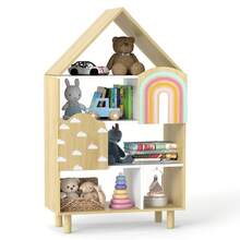 House-Shaped Kids Bookshelf 4-Tier Toy Storage Organizer W/ Open Compartments - Natural - View 9