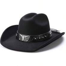 Black Leather Cowboy Hat Bands Men Women - Western Hats Band With Silver Bull - Black - View 5
