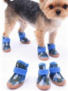 4件套宠物户外鞋，猫鞋，狗鞋，小型宠物鞋，透气鞋套，适合泰迪犬、博美犬、比熊犬、雪纳瑞犬等小型宠物外出时防止弄脏和滑倒