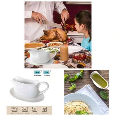 17oz Gravy Boat With Saucer Stand, Set Of 1, Ceramic Sauce Boat With Tray Salad Dressings, Ketchup Creamer, Broth, Black Pepper, White