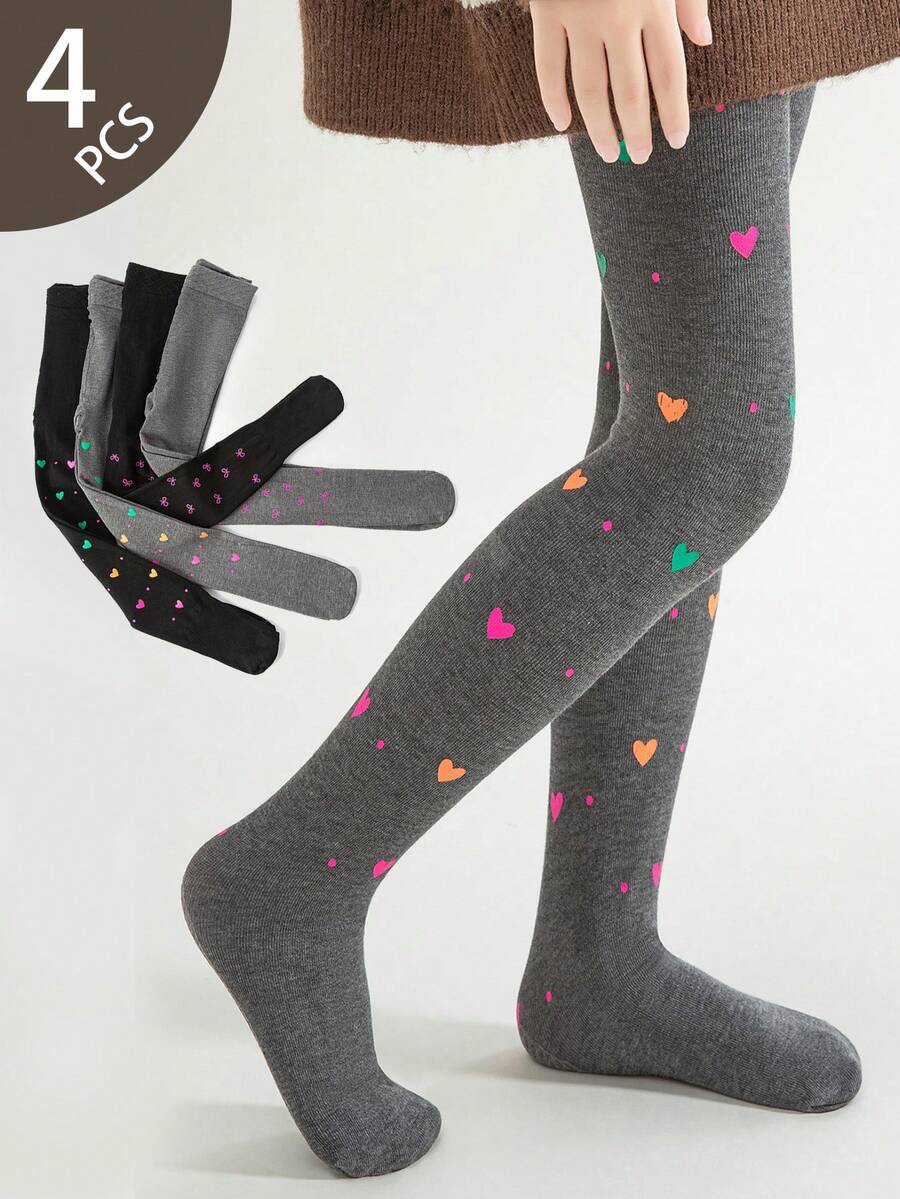 4 Pairs Girls' Heart & Bow Print Tight Leggings, High Density Knit, All Season - Multicolor - View 1