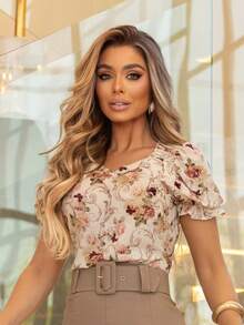 Women's Printed Blouse With Sleeves, Casual, Social, Christian, Comfortable, Elegant, Party - 米色 - 查看 12