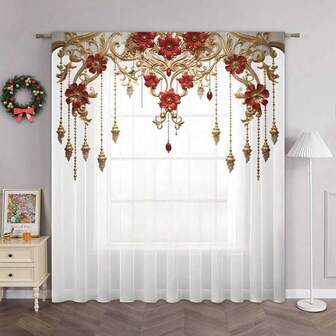 1pc 2D Red & Gold Floral Luxurious Christmas Style Polyester Curtain Sheer, Suitable For Rental House, Living Room, Kitchen, Bedroom, Removable & Machine Washable Decorative Window Curtain For Small Windows