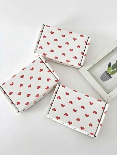 10pcs White Corrugated Airplane Boxes – Red Heart Pattern, For Valentine's Day/Weddings/Birthdays, Holiday Gifting & Small Business Packaging