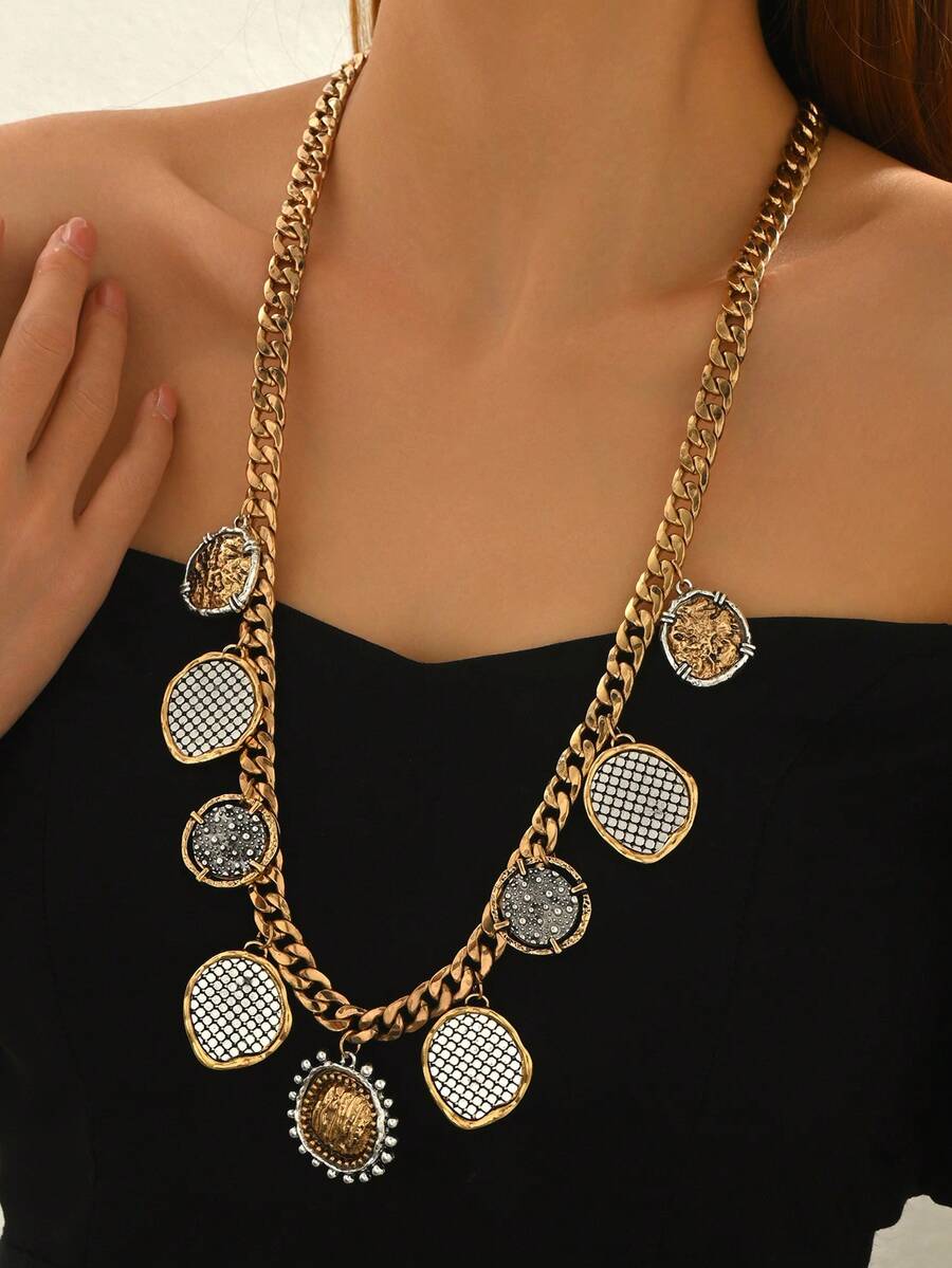 1件时尚夸张几何硬币吊坠项链，创意个性化高端复古多元素几何徽章硬币吊坠链项链，适合女性日常、度假、派对佩戴