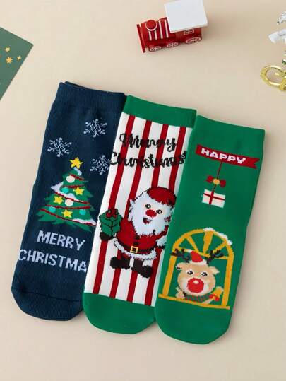 1/3 Pairs Christmas Santa Claus & Christmas Tree Striped Cartoon Socks, Autumn/Winter