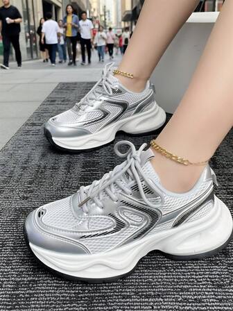 2025 Spring/Autumn New Vintage Silver Street-Style Chunky Sneakers, Mesh Breathable Design, Everyday Commute & Streetwear Essential Athletic Shoes