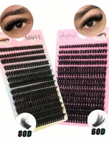 280pcs 80D&60D Mix Cluster Eyelash, 0.07mm Thickness, D Curl, 8mm-16mm Mix Length, Natural Style Russian Flat Dense Fluffy Handmade Mink Eyelash Cluster For Halloween Theatrical Makeup, Festival Makeup, Christmas Makeup, Beginner Essential - 黑色 - 查看 4