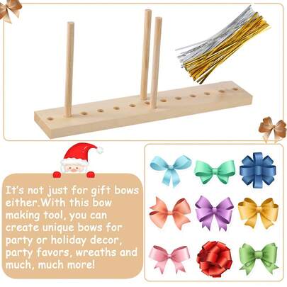 Bow Maker For Ribbon Wreath Wooden Craft Tool With Gold, Silver Zip Ties For Making Bows DIY Crafts Christmas Party Decorations Hair Corsages Gifts A Favorite Of Crafters