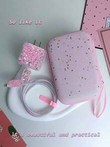 6pcs Fashionable Pink Glitter Sparkle Charger Storage Protective Case Set Cable Organizer - Pink - View 2