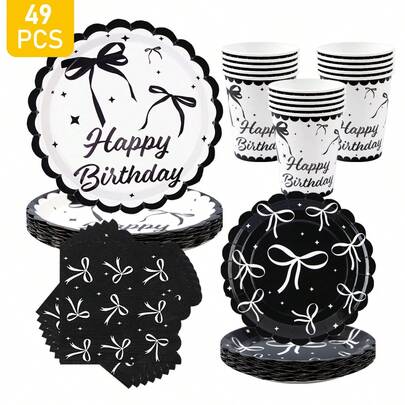 1 Set Black Bow Disposable Plates, Napkins, Cups For 8 Guests, Disposable Paper Plates Party Supplies Suitable For Birthday, Wedding, Theme Party, Family Picnic