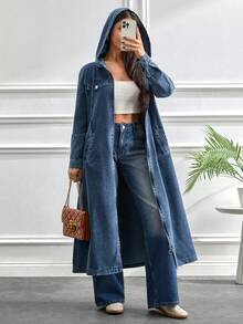 Women Long Sleeve Hooded Denim Trench Coat Casual Long Pattern Jean Jacket With Pockets And Drawstring - Blue - View 1