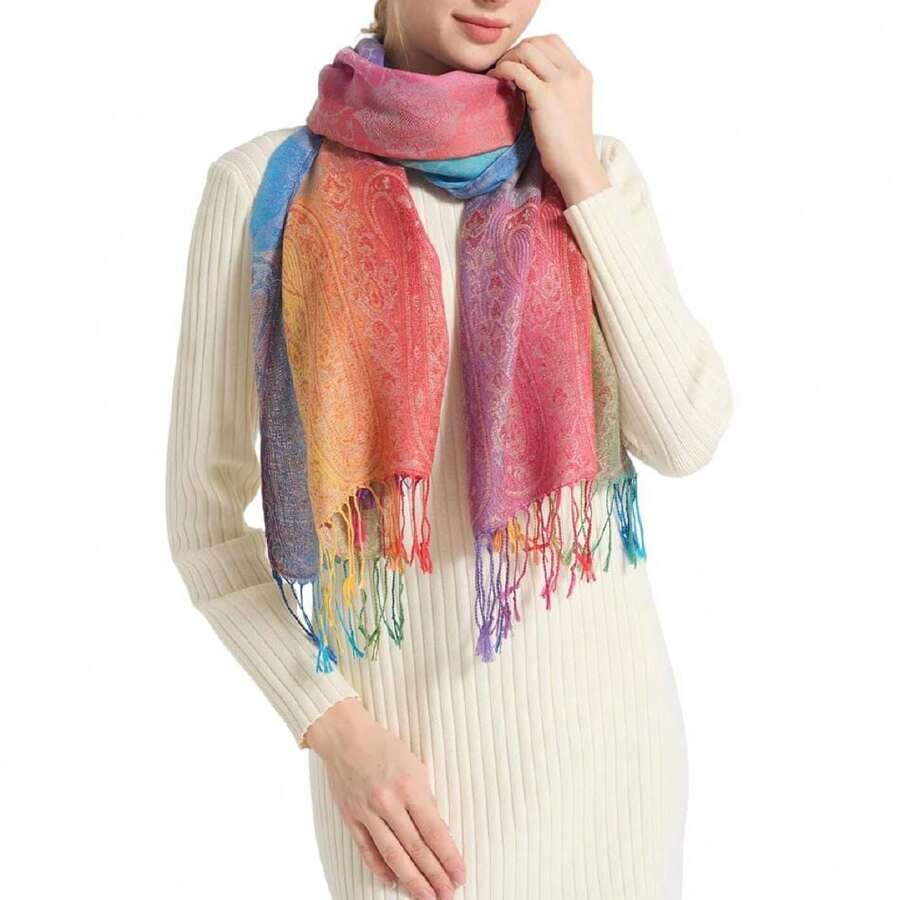 Colorful Pasina Scarf And Shawls Soft Rave Wraps Jacquard Silk Satin Rainbow Scarf With Tassels Scarves,27471469 - Màu xanh Cadet - Xem 1