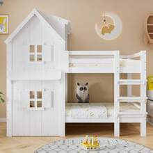 Bunk Bed, Children's Bed, Beautiful Windows And Roof, Side Safety Rails, Three-Step Straight Ladder, Sturdy Slatted Bed Bases, Pine + MDF + Plywood, White - White - View 3
