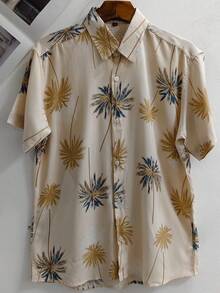 Men's Hawaiian Floral Beach Shirt, Summer Style, Short Sleeve, Button-Down, 100% Viscose Fabric (Shrinks A Little). - Màu Khaki - Xem 3