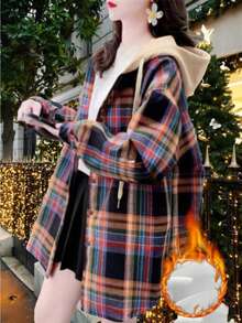 Women's Plaid Casual Shirt Jacket,Plaid Print Cardigan Jacket,Thick Lining,Women's Vintage Style Checkered Drawstring Hoodie Casual Shacket, Autumn/Winter Fall Cloth For Women,Daily Casual Wear Women Shirt