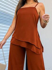 EMILI LU RUN2 Women's Set Fernanda Asymmetrical Blouse And Wide-Leg Pants White - 鏽棕色 - 查看 3