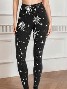 1件装女士舒适时尚星形侧条纹紧身七分打底裤，高弹力 - 黑色 - 查看 7