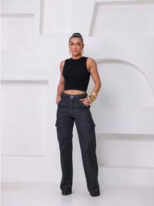 Wide Leg Cargo Jeans - Grey - View 4