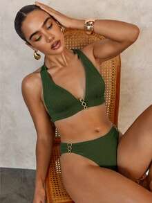 Women's Elegant Backless Tie Bikini Set, High Slit Swim Bottoms, Golden Ring Detail - Olive Green - View 1