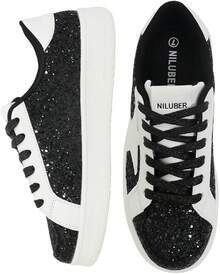 Niluber Star Sneakers For Women Low Top Cushioned White Gold Sliver Leopard Platform Sneakers Lace Up Red Glitter Platform Party ShoesChristmas - 黑色閃光 - 查看 4