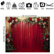 Red & Gold Curtain, Red & White Rose Design Background Cloth, Birthday, Bride, Party Decoration, Portrait Photography Studio Backdrop, Vinyl - Red - View 7