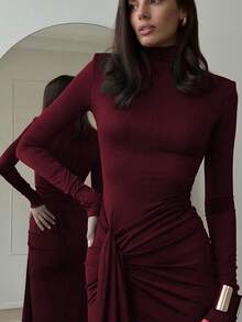 优雅休闲简约长袖高领修身开衩系带冬装连衣裙 - 酒紅色 - 查看 6