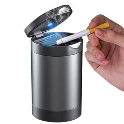 Car Ashtray Ash Tray With Lid Smell Proof Detachable Stainless Steel Cup Holder Ashtray With LED Auto Light For Most Car Office Home Grey