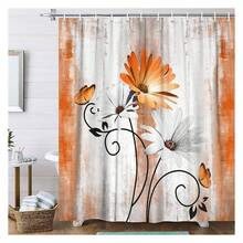 Rustic Farmhouse Shower Curtain, Farm Orange Daisy Floral Fall Flowers And Butterfly On Country Wooden Autumn Shower Curtain For Bathroom, Yellow Grey Gray Red Gold Curtain With 12PCS Hooks, 70X75IN - 多色584 - 查看 1