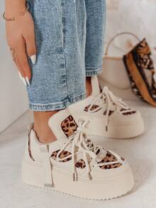 Women's High Heel Sneakers, Made Of Faux Leather And Fabric, Fashionable Platform Street Style Design, Lace-Up - Camel - View 3