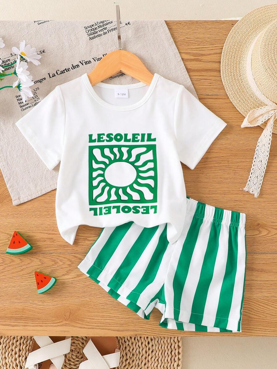 2pcs/Set Baby Boys' Casual Letter Print Short Sleeve Round Neck T-Shirt And Striped Shorts Set, Lightweight Summer Outfit - Green - View 1