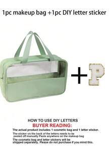 1个透明PVC字母化妆包，防水便携雪尼尔字母拉链化妆品收纳包，简约首字母贴纸旅行化妆包，女士浴室字母印花洗漱包（字母A~Z），送给妈妈的礼物，沙滩包，沙滩必备