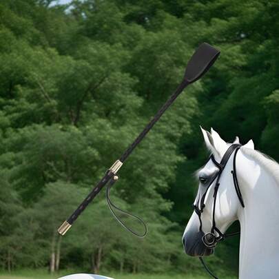 18-Inch Black Equestrian Whip With Golden Alloy Handle And Wrist Strap – English Style Riding Aid For Outdoor Horseback, Training, Racing, And Stage Performances, Horse