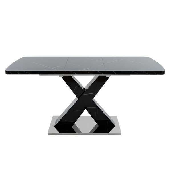 Mesa de jantar retangular moderna de 120 cm a 160 cm, extensível, tampo de mármore preto impresso + perna de mesa em formato de X de MDF com base de metal