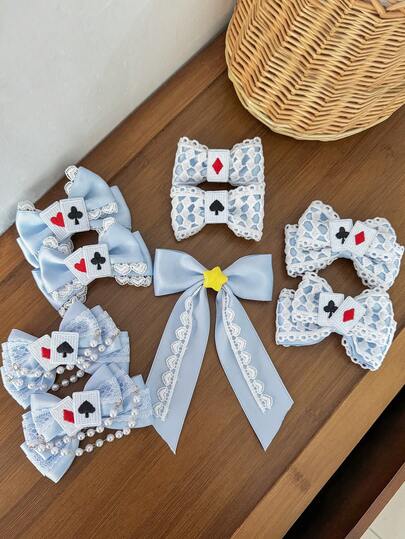 2pcs/1pc Women's Fashion Delicate Sweet Lace Ribbon Poker Card Accessories Bow Hair Clip Iron Alloy Duck Clip, Suitable For Daily Commute Outfit, Holiday Gathering, Birthday Party, Outdoor Photo Shoot, Any Occasion, Great Gift For Best Friend