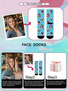 1 Pair Unisex Customized Face, Pet Dog And White Polka Dot Pattern Blue Knitted Novelty Socks, Suitable For Gift Occasions And Daily Wear - Multicolor - View 6