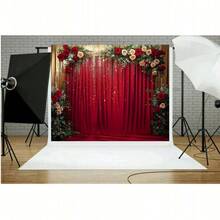 Red & Gold Curtain, Red & White Rose Design Background Cloth, Birthday, Bride, Party Decoration, Portrait Photography Studio Backdrop, Vinyl - Red - View 2